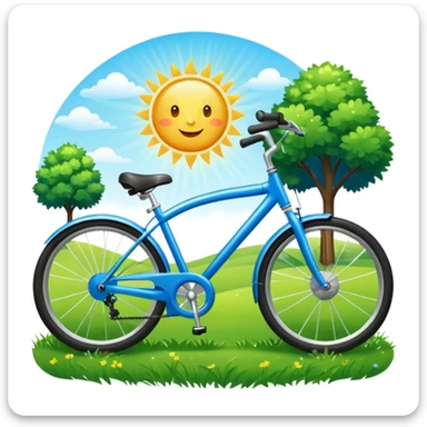 blue bike emoji with a park scene behind, green grass, sun in the sky, friendly and colorful sticker