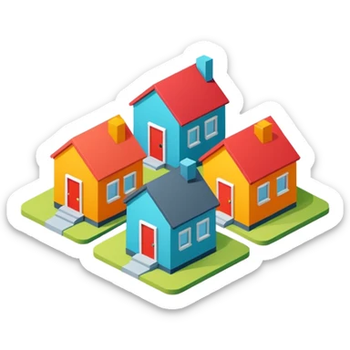 group of 3 houses representing neighborhood isometric houses on transparent background similar in style to the iphone icons sticker