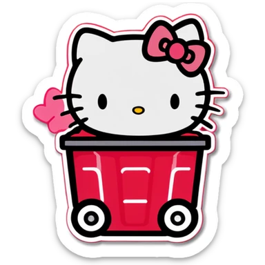 A trash bin that says GOODBYEEEE with hello Kitty in it sticker