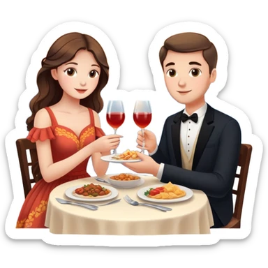 Elegant girl with a beautiful flowy dress and man eating dinner together in Montenegro sunset holding hands  sticker