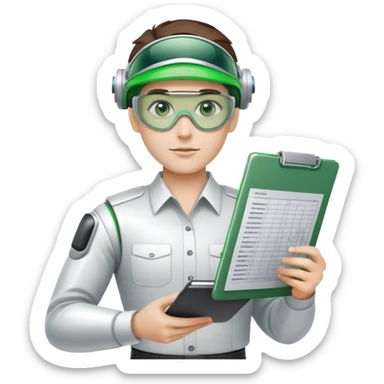 cyborg accountant with green Green eyeshades visor holding spreadsheets sticker