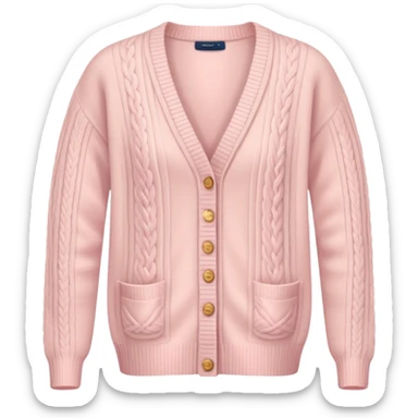 A soft pink cardigan with a cozy design sticker