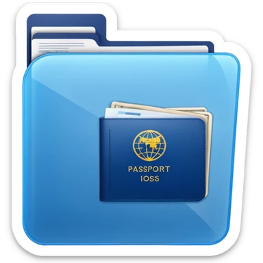 A translucent blue plastic folder with rounded corners, passport documents\ sticker