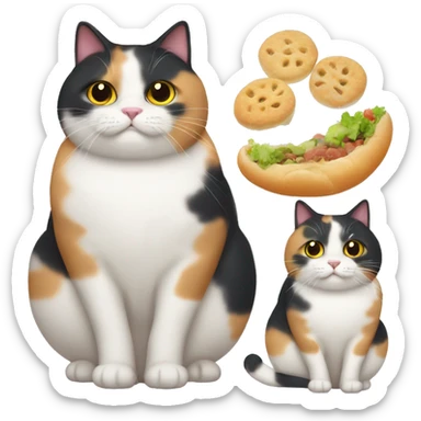 Fat calico cat with food sticker