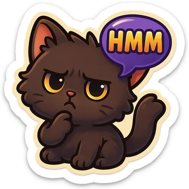 a dark-brown fluffy cute kawaii anime cat thinking frowning thoughtfully, saying “hmm” with a purple speech bubble sticker