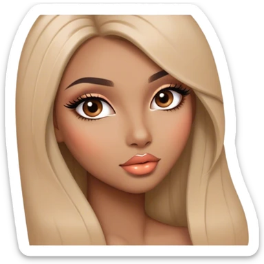 Glamourous, light brown skin tone, very beautiful girl, with big plump peach-beige lips, long long lashes, black straight smooth silky long hair, straight parting hair, brown eyes sticker