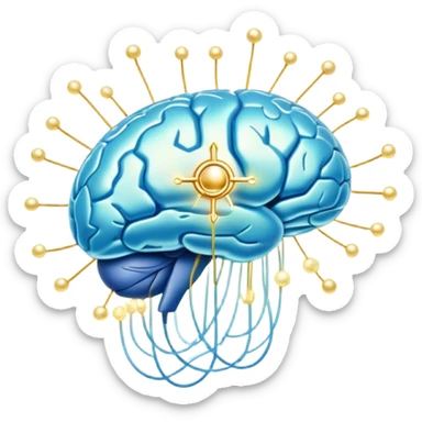 Shimmering pearlescent blue capsule floating in the foreground with an ethereal, glowing brain positioned behind it. Golden neural connections illuminate the brain. A small liver symbol nearby, all surrounded by a mystical aura of mental clarity sticker