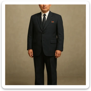 Official portrait of a North Korean man, head of the hull production workshop at a shipyard, serious and formal style, dark suit, neutral background, confident and focused expression, style inspired by Soviet and North Korean official portraits, full body, not cropped, head not cut off, head and feet fully in frame, variation 2 sticker