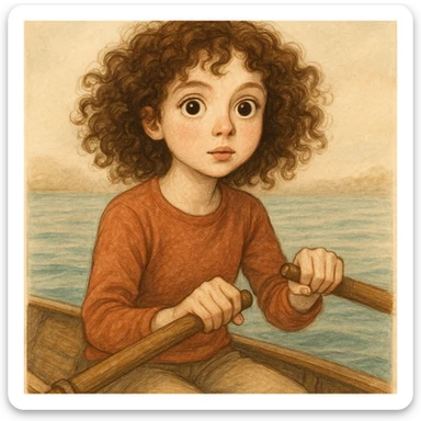 kürek çeken, kıvırcık saçlı, beyaz tenli, gözleri biraz iri kız, genel stil sticker