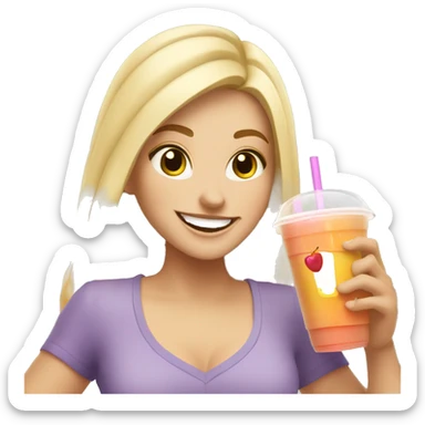 blonde white girl excited about having jamba juice smoothie sticker