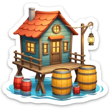 
fisherman house on a wooden pier, small dock, fishing nets hanging, barrels, lantern, ocean vibe, 3D cartoon, cute mobile game icon, clean background, no text
 sticker