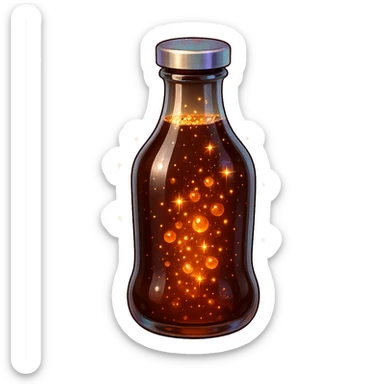 coffee bottle-shaped luxurious elixir bottle, rich coffee brown color, bubbling effect inside, iridescent and silver details, intense magical glowing and sparkling effects, very small neck, seamless bottom, transparent background, floating, no base or shadow, modern, matching a collection sticker