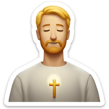 man with orange beard, short blond hair as he praying, with a holy shine behind him sticker