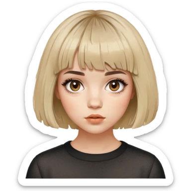 woman with editorial short french bob haircut tousled textured messy wavy hair short blunt baby bangs fringe sticker