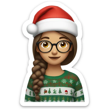 Brown haired girl with glasses wearing a Santa hat and Christmas sweater  sticker