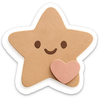 Happy pastel brown star with a tiny pastel heart in front, no arms or legs, full body, transparent background, kawaii paper craft style. sticker