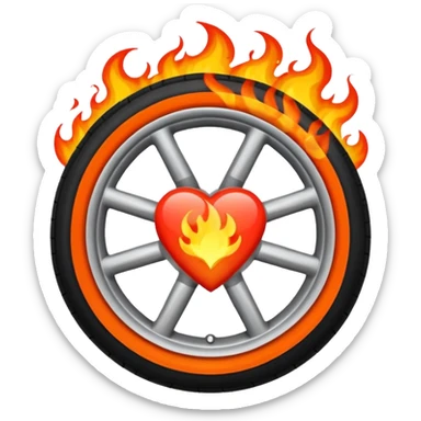 a car wheel on fire, and in the center of the wheel (instead of the car icon) there is a red flaming heart sticker