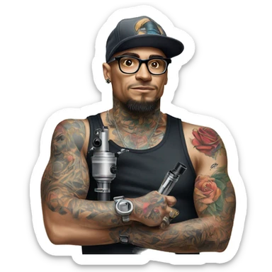 cap and glasses man half body tattoo artist with tattoo holding tattoo machine sticker