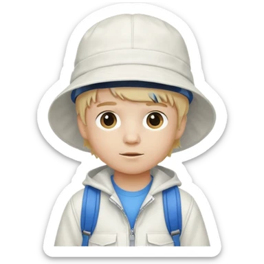 A little boy student white skin, blonde hair, with white bucket hat, white jacket, blue backpack sticker