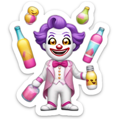 Create a carnival Theme joker in Light white pink & pastel pink, juggling bottles sticker