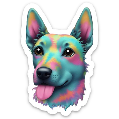 Multicolored rainbow retro groovy tie dye hippie trippy floral patterns on a metallic holographic iridescent blue dog face head unicorn sticker