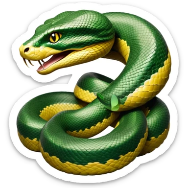 cinematic-anaconda-realistic-full-body-coiled-emoji,-thick-muscular-body-wrapped-in-powerful-loops,-smooth-green-and-black-patterned-scales-glinting-under-the-light,-head-raised-slightly,-piercing-golden-eyes-staring-intensely,-simplified-yet-realistic-focused-features,-highly-detailed,-glowing-with-an-almost-sarcastic-glow sticker