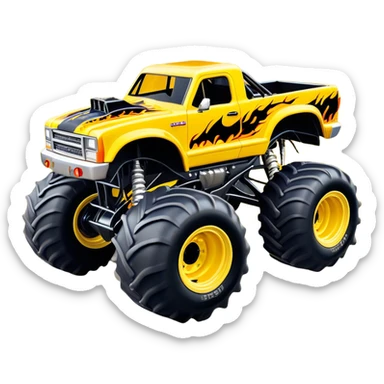 Maximum Destruction - Monster Jam (Model Year: 2021) (Iconic colour: Yellow with black flames) - A ferocious monster truck featuring a vivid yellow base accented by dramatic black flame patterns. Emphasize sharp, high-contrast flame streaks across the body, creating a look of aggressive, explosive energy. sticker