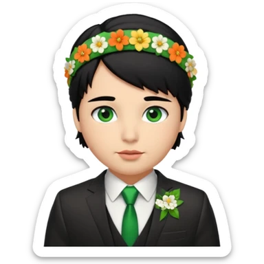 black haired green eyes very plump lips and floral headband that makes his hair look behind nicole peltz at wedding sticker