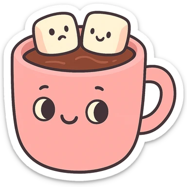 hot chocolate in a pink cup, soft pastel tones, minimal sticker