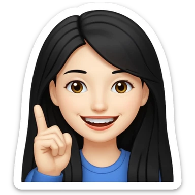 Haz una imagen de una mujer con cabello negro largo , con una sonrisa en su cara y la punta de su dedo indice entre sus dientes sticker
