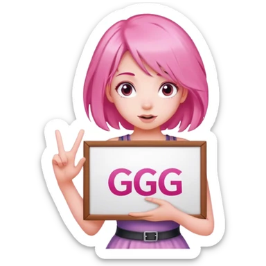 girl with pink hair, big sign saying "GG" sticker