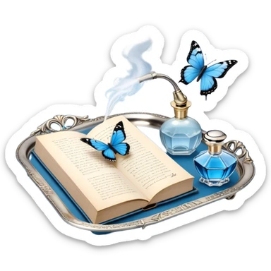A silver-plated tray with an intricate floral pattern holds an open book of poetry, a folded love letter, and a vintage perfume bottle with a golden atomizer. A single blue butterfly is captured mid-flight, adding a touch of quiet magic to the scene. sticker