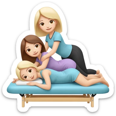 A cute emoji-style illustration of a girl lying on a massage table during a relaxing massage session, while another girl gently gives her a back massage. Soft colors, peaceful atmosphere, simple rounded emoji-like shapes, friendly and wholesome. sticker