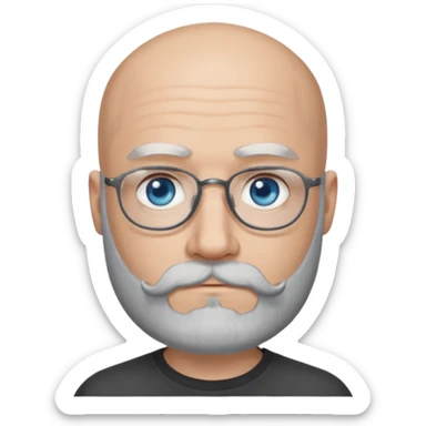 Bald man with blue eyes grey beard and moustache. Hipster. No glasses. Black T-shirt  sticker