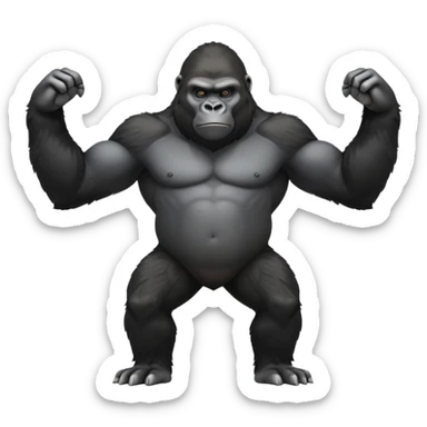 cinematic-gorilla-realistic-full-body-standing-emoji,-broad-and-powerful-frame-poised-with-confidence,-massive-arms-hanging-slightly-forward,-head-tilted-thoughtfully,-thick-black-fur,-deep-dark-eyes-full-of-intelligence,-simplified-yet-realistic sticker