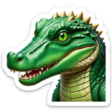 Cinematic Noble Crocodile Portrait Emoji, Poised and regal, with a powerful, elongated build and a rugged, scaly emerald-green hide, piercing cold eyes, Simplified yet sharp and sophisticated features, highly detailed, glowing with a soft, dignified glow, high shine, intelligent and formidable, stylized with an air of ancient might, focused and attentive, soft glowing outline, capturing the essence of a watchful and commanding reptile, so majestic it feels as though it could silently slide out of the screen with effortless authority! sticker