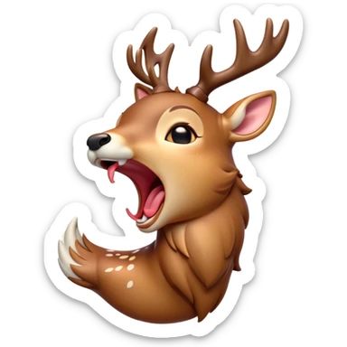 Cinematic Cute Yawning Deer Portrait Emoji, Head tilted slightly with a dramatic, wide-open yawn, revealing a soft, dappled coat and elegantly drooping ears, eyes barely open in drowsy contentment, Simplified yet irresistibly adorable features, highly detailed, glowing with a soft, cozy glow, high shine, relaxed yet expressive, stylized with a touch of natural whimsy, bright and endearing, soft glowing outline, capturing the essence of a sleepy yet affectionate deer, so drowsy it feels like it could stretch right out of the screen and curl up for a nap! sticker