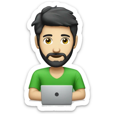 white guy with black hair thin face with beard typing in laptop wearing green t-shirt working in call center sticker