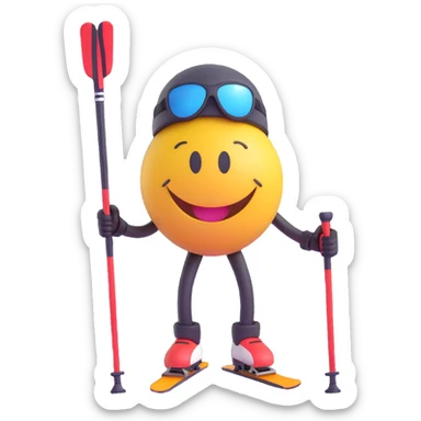 3D smiley emoji, round shape, with skis and ski poles, sporty face sticker