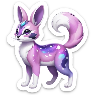 Colorful black-violet-indigo-purple-pink-gradients nebulae nebula white stars-sparkles-markings galactical shiny white-stars-patterned glorious iridescent divine exotic cute cool beautiful realistic Meloetta-caracal-civet-sergal-bunny-oncilla-animal-Fakémon-hybrid-fursona (full body) sticker