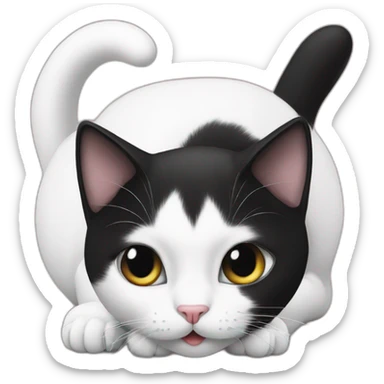 A white cat is licking a black cat sticker