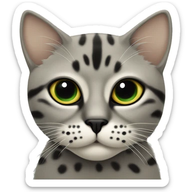 Gato atigrado gris, beige y negro, con lunares en los bigotes, los ojos verdes-amarillos sticker
