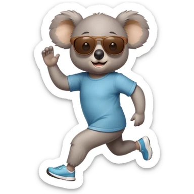 friendly anthropomorphised koala in casual clothing, wearing dark sunglasses, jogging upright in relaxed pose sticker