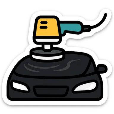 polishing machine icon on the surface of a glossy black car hood with reflection, main color black, metallic silver details, soft waves of shine around the polished area, modern and clean style, no text sticker