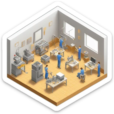 isometric square transparent solid outline border containing indoor creative workshop handmade factory people actively working cnc machine simple clean sticker