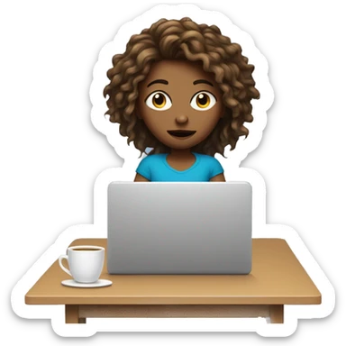 girl with blue eyes and disheveled hair sits on bed and looks at laptop with mug in hands sticker