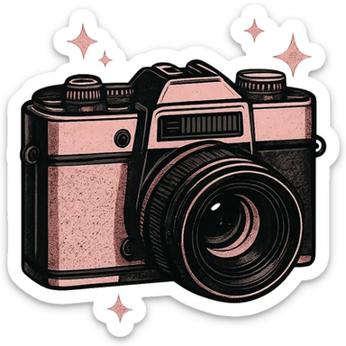 black and pink vintage camera with sparkles sticker