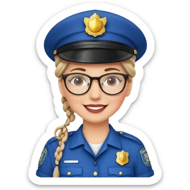happy white woman police with braided hair wearing hat, glasses  sticker