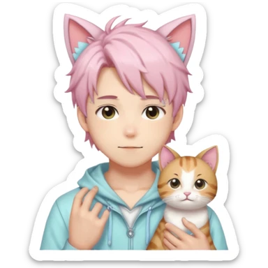 Shiny Blushing Cute Kawaii Handsome Beautiful Shota Anime Man with Cat Ears Trending Style Cottagecore Pastelcore  sticker