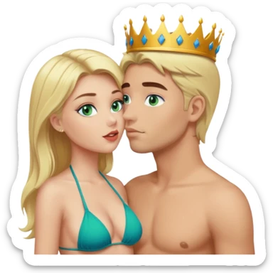 Blonde Queen Green eyes with crown in Bikini kissing Male subject without crown dark Hair blue eyes sticker
